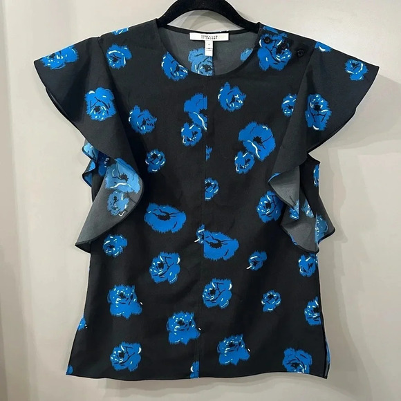 Derek Lam 10 Crosby Blouse Black and Blue Floral Print Ruffle Sleeve Size 0 - Picture 1 of 6